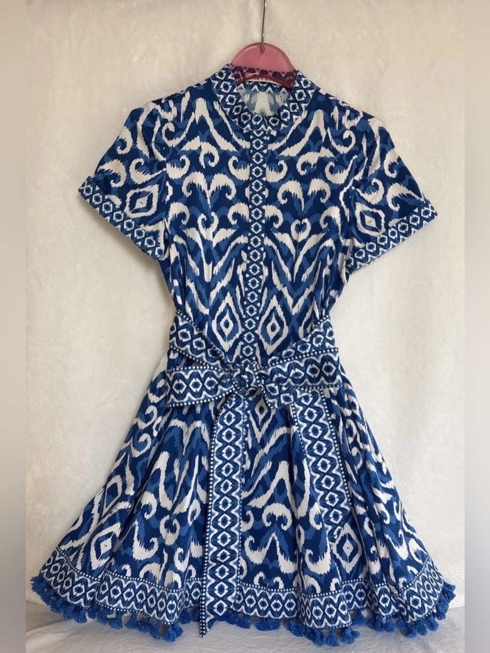 Alice + Olivia Rolled Sleeve Mini Shirt Dress Artisan Ikat French Blue Size 0 - Picture 8 of 16